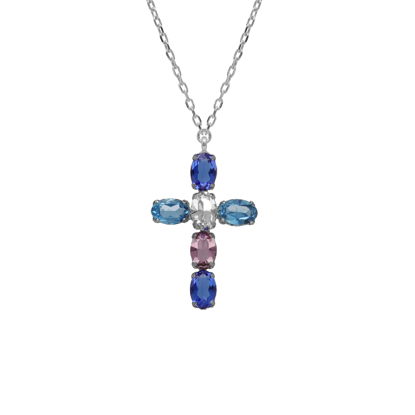 სურათი VICTORIA CRUZ Harmony rhodium-plated Sapphire mini ovals cross necklace