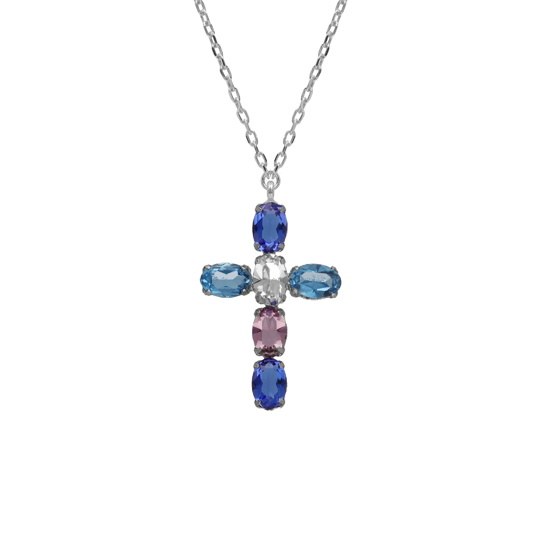 Picture of VICTORIA CRUZ Harmony rhodium-plated Sapphire mini ovals cross necklace