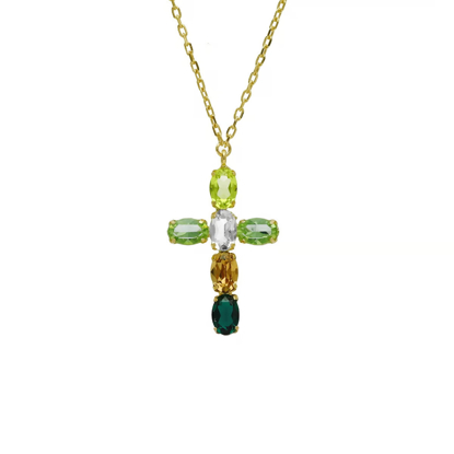 Picture of VICTORIA CRUZ Harmony gold-plated Emerald mini ovals cross necklace